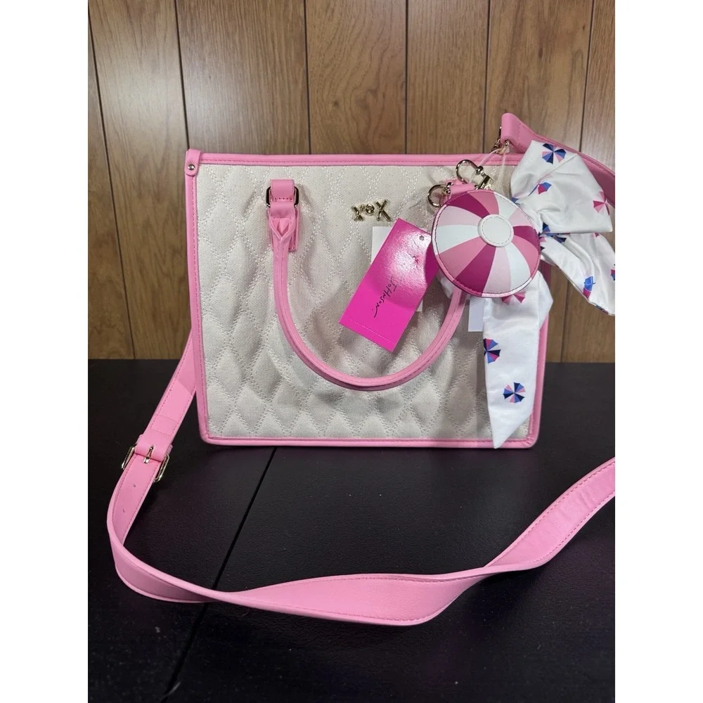 Betsey Johnson XOLALA Tote crossbody Bag‎ PINK CREAM W 2 CHARMS NWT